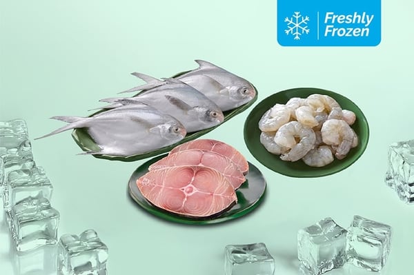 Freshly Frozen Triple combo: (Seer Fish Steaks 230g + Silver Pomfret Whole 530g + Jumbo Prawns PD (20+) 230g pack)
