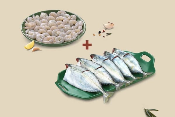 Combo: (Indian Prawns/Venami (60+ Count/kg) (PD) 480g + Mackerel/Ayala (5 to 9 Count/kg) Curry Cut 480g)