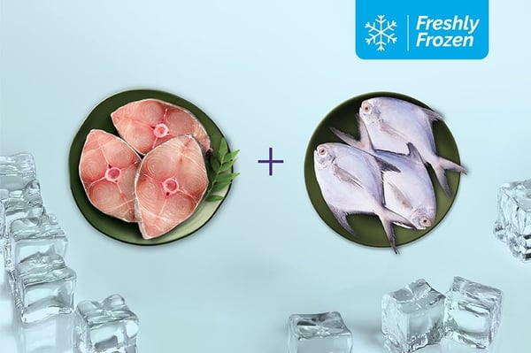 Freshly Frozen Combo:(Seer Fish Steaks 230g + Silver Pomfret Whole 530g)