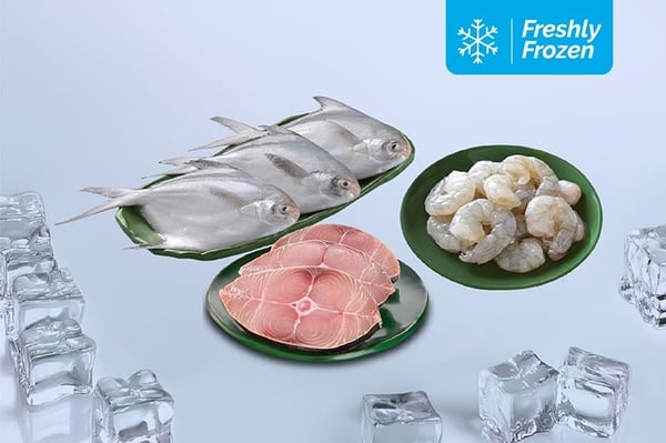 Freshly Frozen Triple Combo: (Silver Pomfret Whole 530g + Jumbo Prawns PD 230g + Seer Fish Steaks 500g)