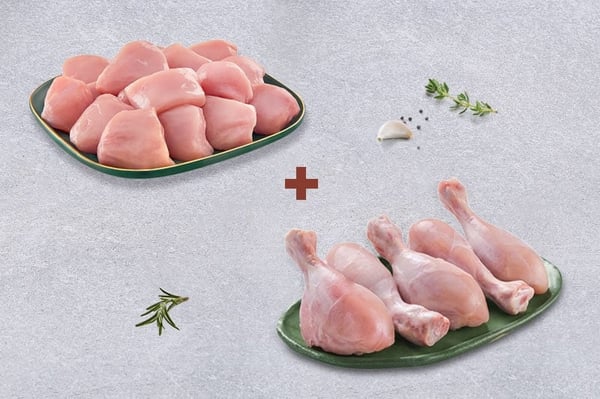 Combo: (Premium Boneless Chicken Cubes 300g + Premium Chicken Skinless Drumsticks Pack of 5)