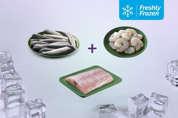 Freshly Frozen Triple Combo: (Sardine Cleaned 400g + Prawns - PD Meat 250g + Mahi Mahi Boneless Fillets 400g)