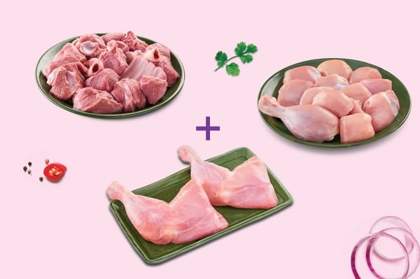 Triple Combo: (Premium Chicken Skinless Curry Cut 480g + Premium Goat Curry Cut 480g + Premium Chicken Thigh Whole Leg 2 Pcs)