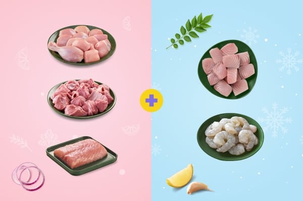 Jumbo Combo III : (Chicken Curry cut 480g + Goat Curry Cut 480g + Baasa Fillet 250g + Frozen  Seer Fish Curry Cut 470g + Frozen Jumbo Prawns PD 200g)