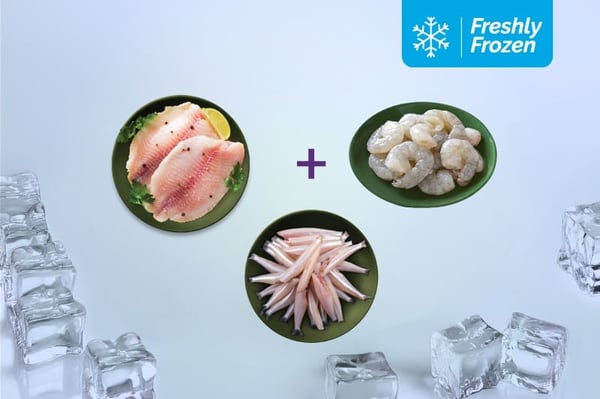 Freshly Frozen Triple Combo: (Tilapia Boneless Fillet 470g + Anchovy Whole Cleaned 470g + Jumbo Prawns - PD Meat 470g)