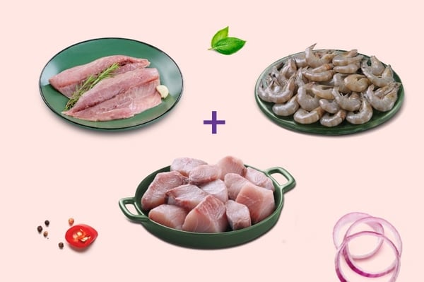 Triple Combo: (Trevally Boneless Fillet 280g + Cobia Tikka Cut 380g + Indian Prawns(70+) Peeled & Deveined 240g)