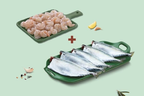 Combo: (White Prawns/Jhinga (60+ Count/kg) (PD) 300g + Mackerel/Ayala (5 to 9 Count/kg) Whole Cleaned 480g)