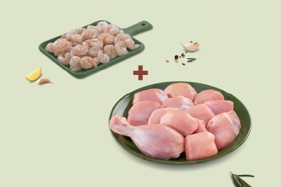 Combo: (Premium Chicken Skinless Curry Cut 480g + White Prawns/Jhinga PD (60 to 70 count) 300g)