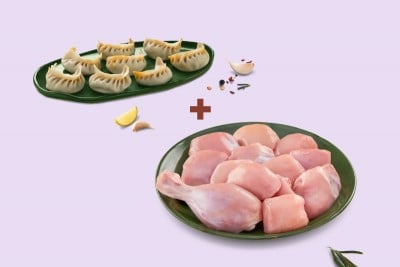 Combo: (480g Premium Chicken Skinless Curry Cut + Pack of 8 Handcrafted Chicken Dumplings / Momos)