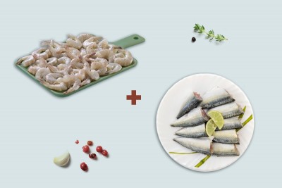 Combo: (480g Mackerel/Ayala Whole Cleaned Without Head + 480g Indian Prawns/Venami - Headless 70+ Count/kg)
